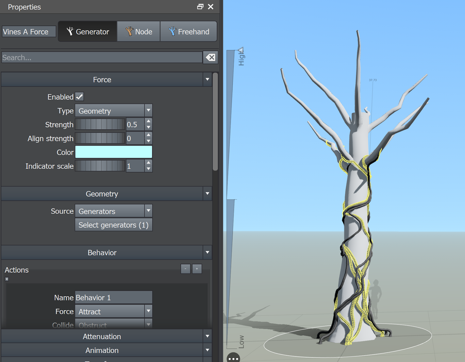 The Properties window shows generators being configured to contribute to the geometry of the force on a tree, shown in the Tree Window.