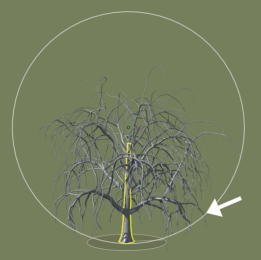 A tree with shape control enabled. Due to gravity deformations, some of the branches near the bottom droop excessively.