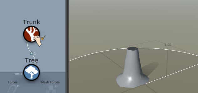 A generator hierarchy with a Tree generator and Trunk generator. The Hand Draw icon is over the Trunk generator. A trunk is in the Tree Window.