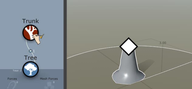 A generator hierarchy with a Tree generator and Trunk generator. The Hand Draw icon is over the Trunk generator. The trunk in the Tree Window has a diamond on top of it.