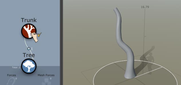 A generator hierarchy with a Tree generator and Trunk generator. The Hand Draw icon is over the Trunk generator. The trunk in the Tree Window has been extended into a trunk and a branch. 