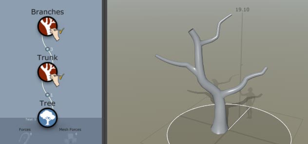 A generator hierarchy with Tree generator, Trunk generator, and Branches generator. The Hand Draw icon is over the Trunk generator and Branches generator. The former stubs in the Tree Window have been extended into longer branches.