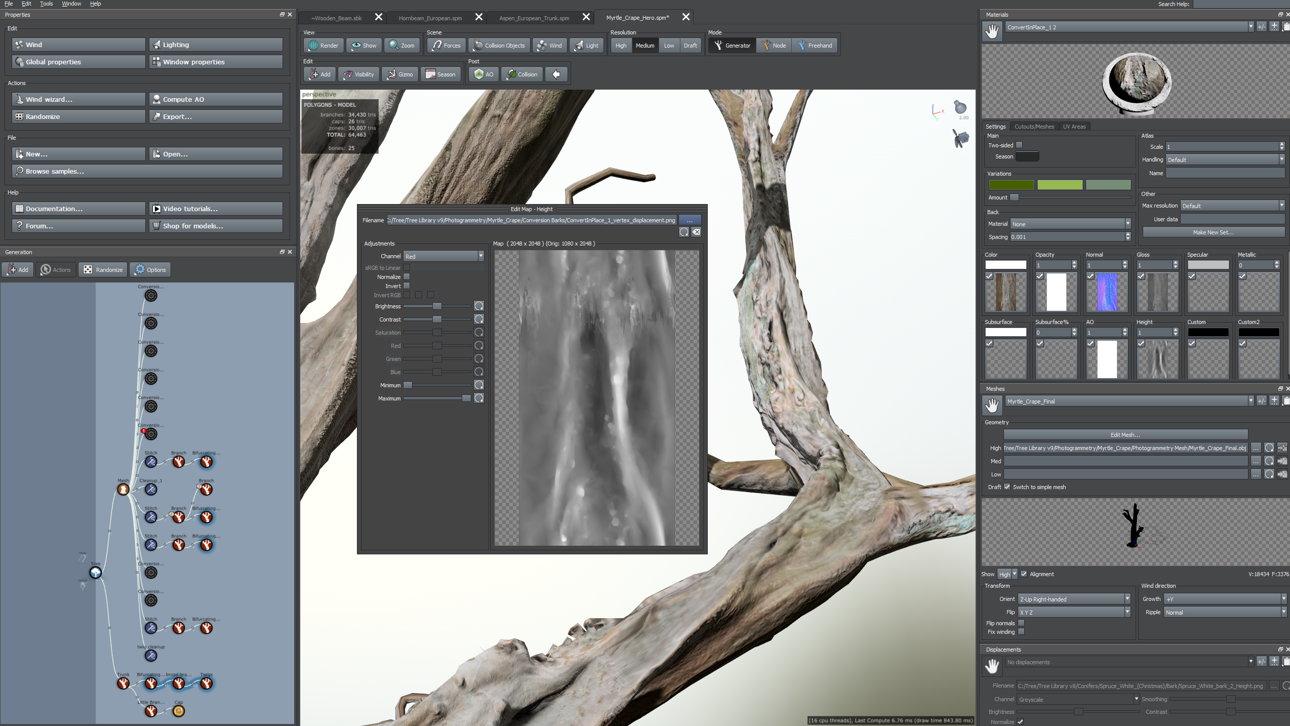 A generated heightmap of a branch in the Tree Window. The Properties window, the generation hierarchy, and the Materials Bar are also visible.