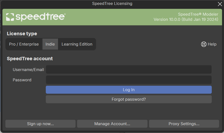 The License Type window with the Indie option selected.