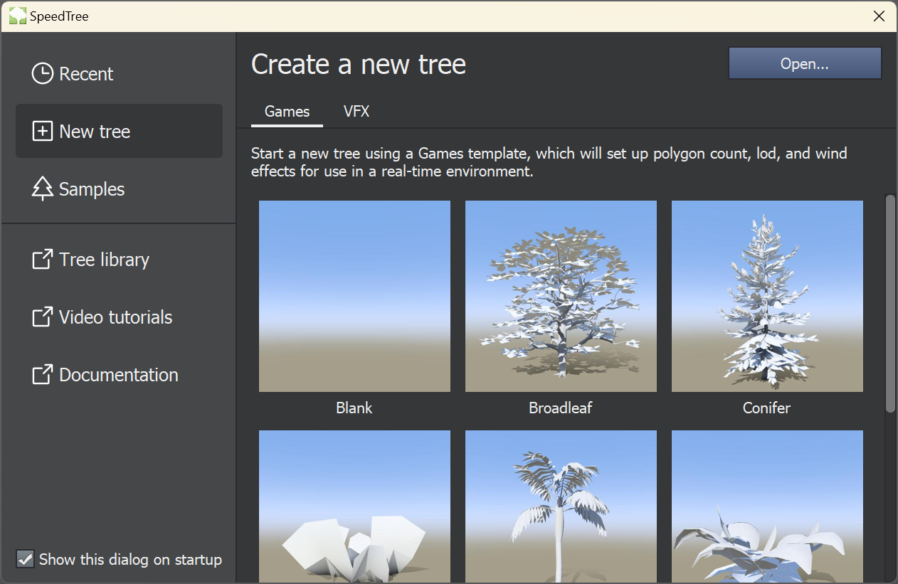 The SpeedTree launch dialog on the New tree tab.