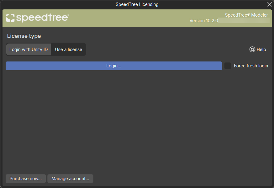 The SpeedTree Licensing window with the "Login with Unity ID" option selected.