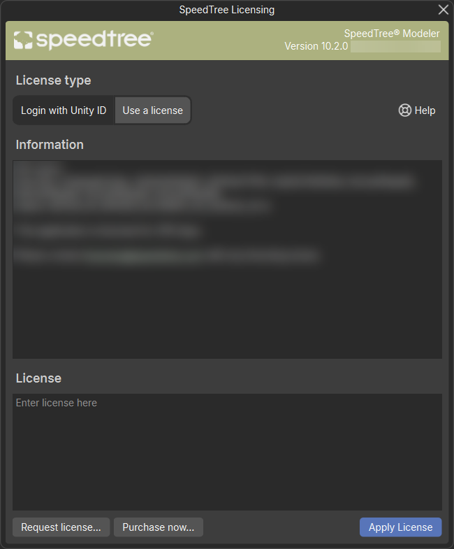 The SpeedTree Licensing window with the "Use a license" option selected.