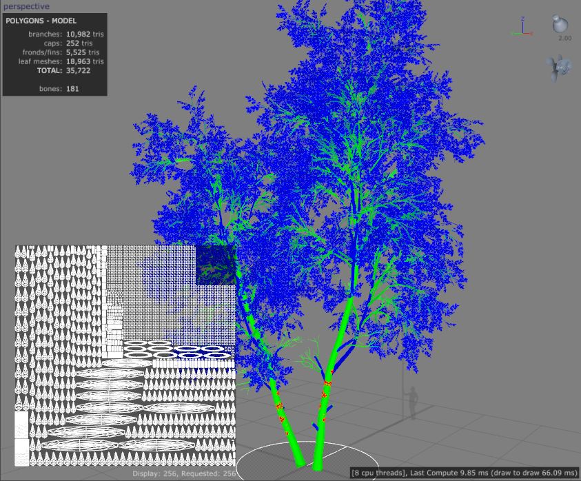 A tree in Lightmap render mode, which shows how the lightmap resolution is distributed across the model.