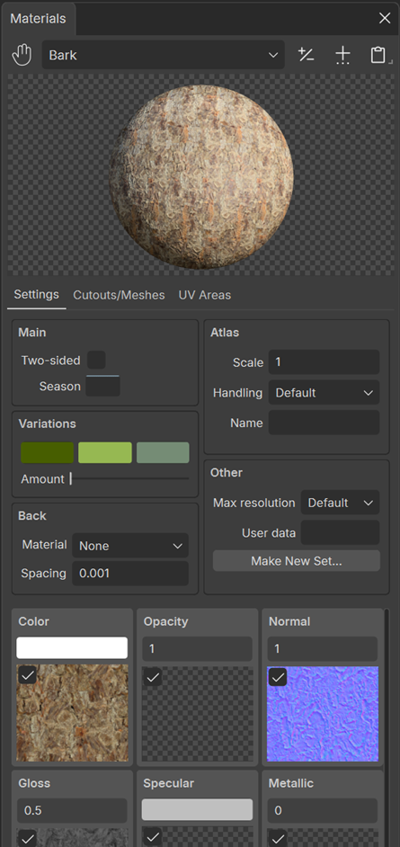 The Materials Bar. Oak_Live_Cluster_Desktop_spring is the example asset at the top.