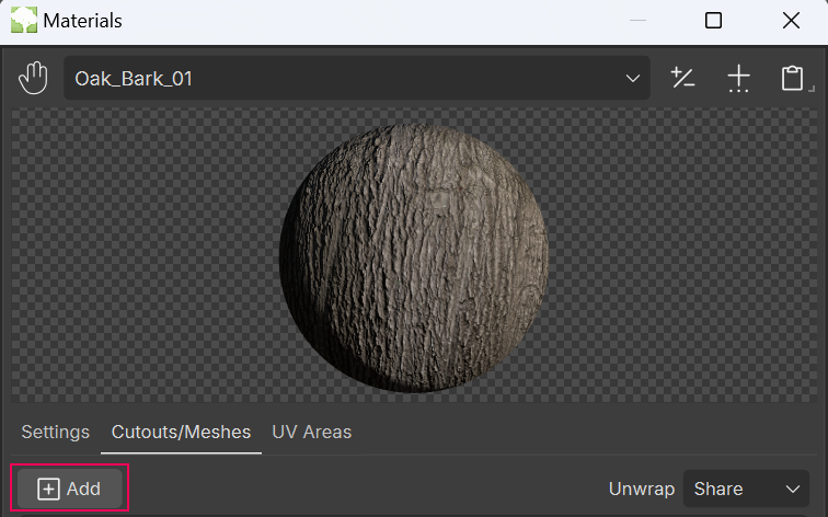 The **Cutouts/Meshes** tab of the Materials Bar with **Add** boxed for emphasis.