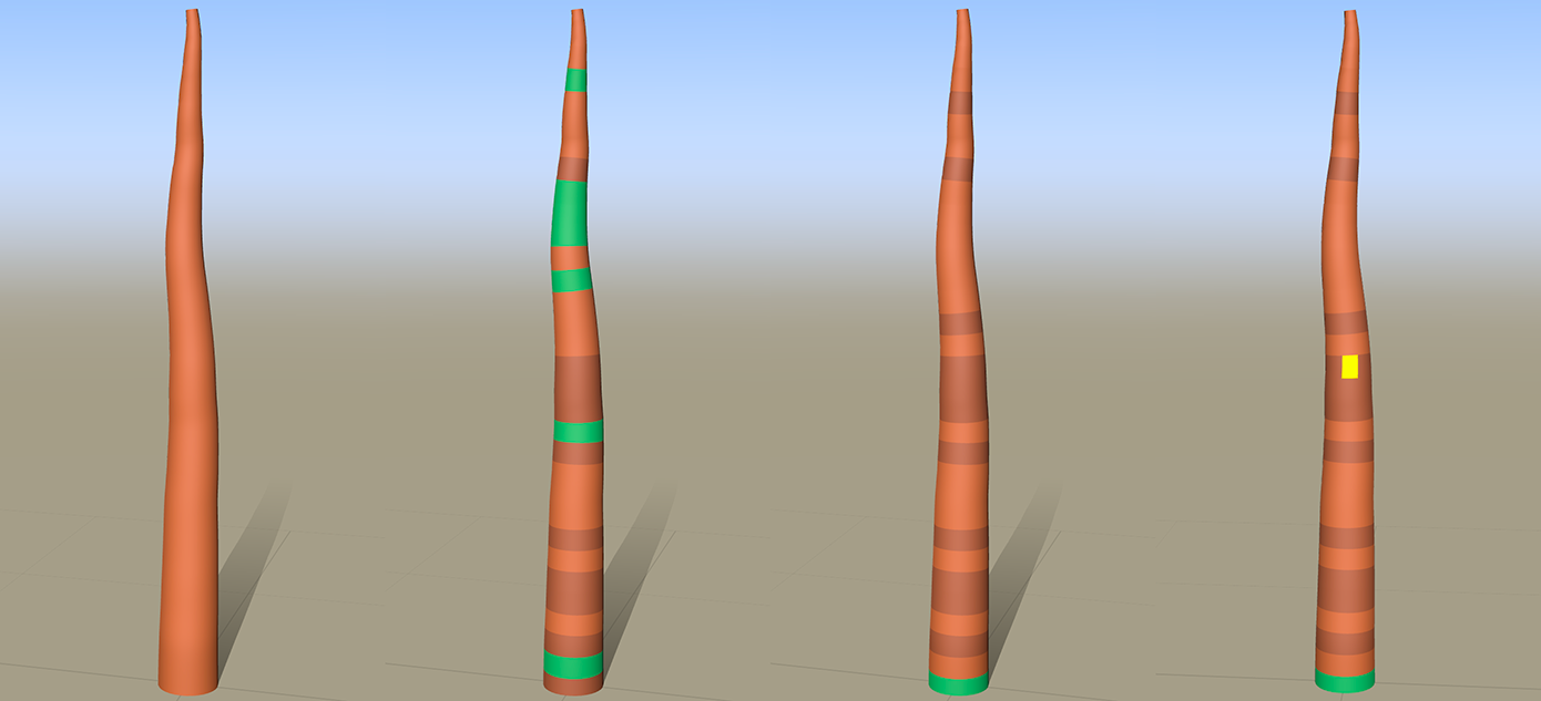 Four branches illustrating different ways to apply drag-and-drop materials in node mode.