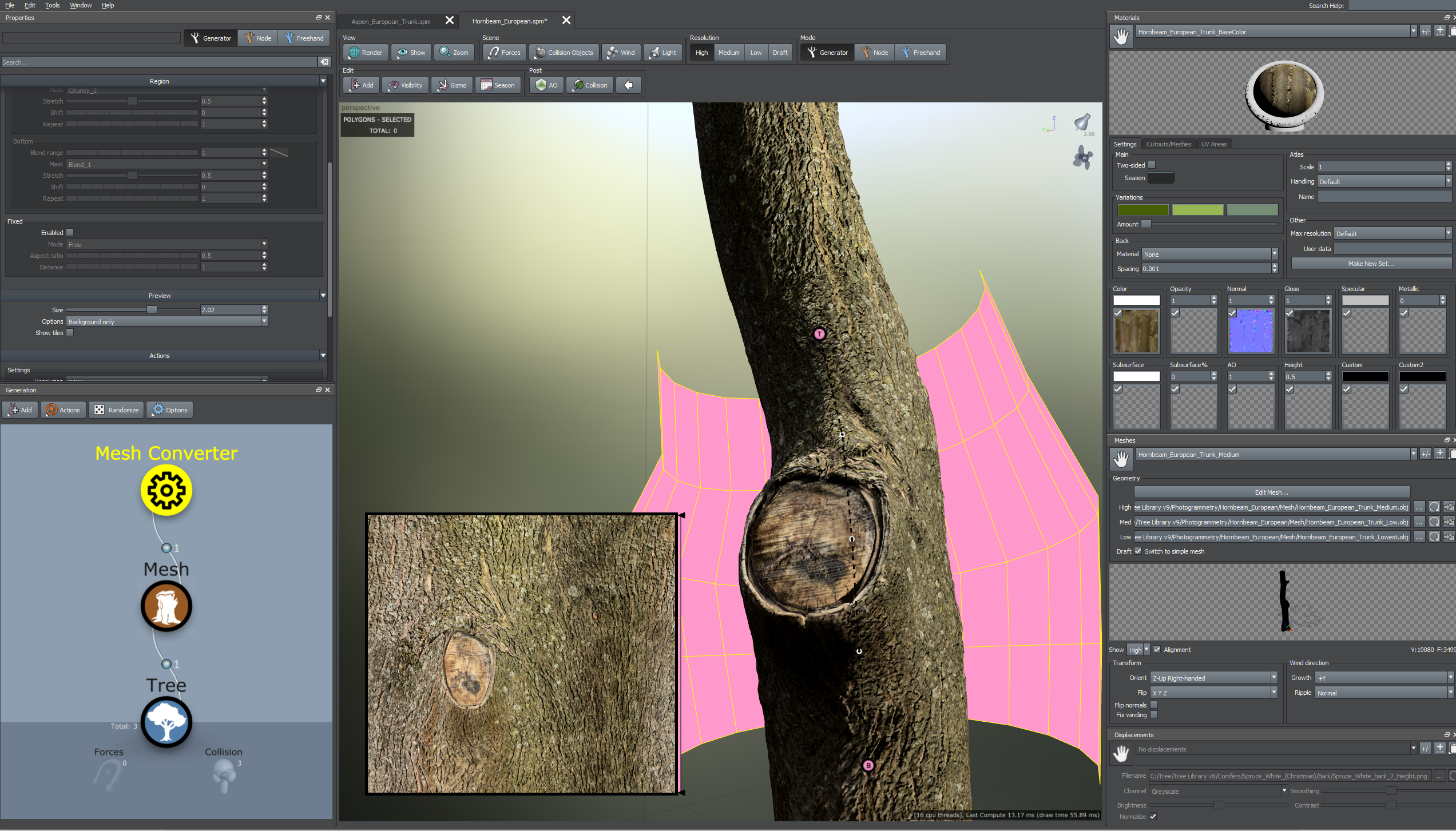 A tree is being edited with the Mesh Converter in the Tree Window with Blend disabled. The Mesh Converter is selected in the generation hierarchy. The Properties window and the Materials Bar are also visible.