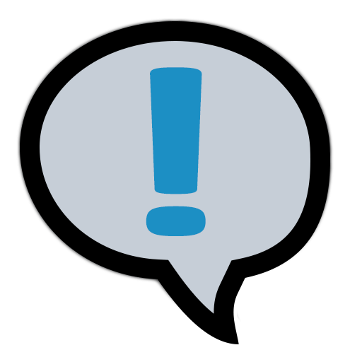 Gray speech bubble with blue exclamation point.