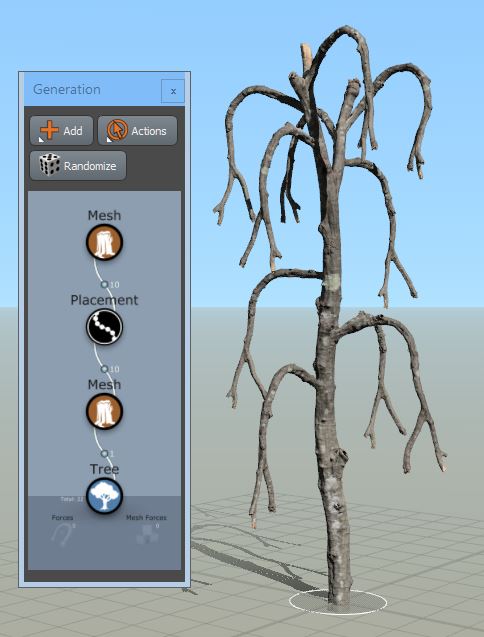 A tree in the Tree Window with long, drooping branches. The generation hierarchy has a Tree generator, a Mesh generator, a Placement branch, and a Mesh generator.