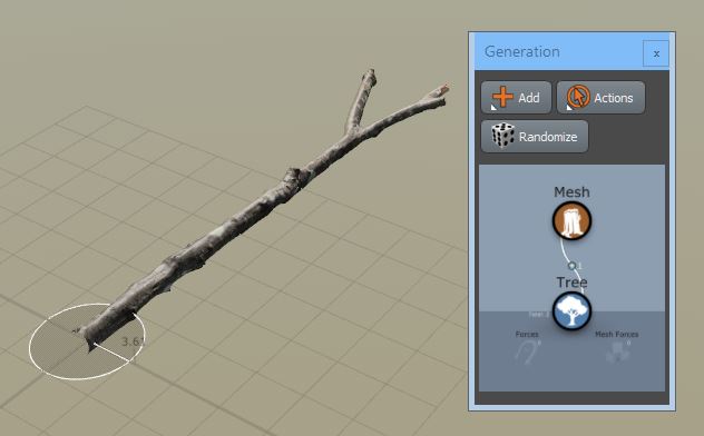 The Generation window with a Tree generator and a Mesh generator. A branch (the mesh) is selected in the Tree Window.