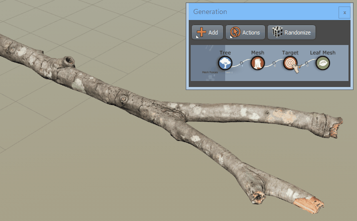 A GIF of a branch (the mesh) in the Tree Window with an anchor point. The cursor adds anchor points throughout the branch. The generation hierarchy has a Tree, Mesh, Target, and Leaf Mesh generator.