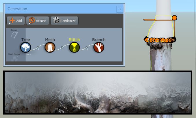 The Generation window with a Tree generator, Mesh generator, Stitch generator, and Branch generator in the generation hierarchy. The trunk in the Tree Window has a stitch added to it. A zoomed-in screenshot of the branch's texture at the stitch is also included.