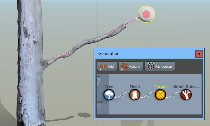 A tree in the Tree Window with a Target generator at the end of a branch. In the generator hierarchy there is a Tree generator, a Mesh generator, and a target generator.