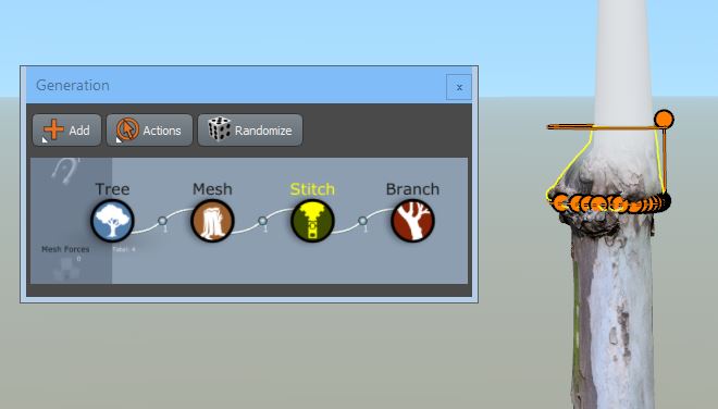 The Generation window with a Tree generator, Mesh generator, Stitch generator, and Branch generator in the generation hierarchy. The trunk in the Tree Window has a stitch added to it.