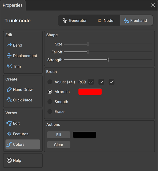 The Vertex Colors properties in the Properties bar