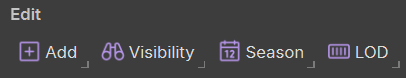 The Edit group within the Tree Window Toolbar, which includes the options Add, Visibility, Gizmo, and Season.