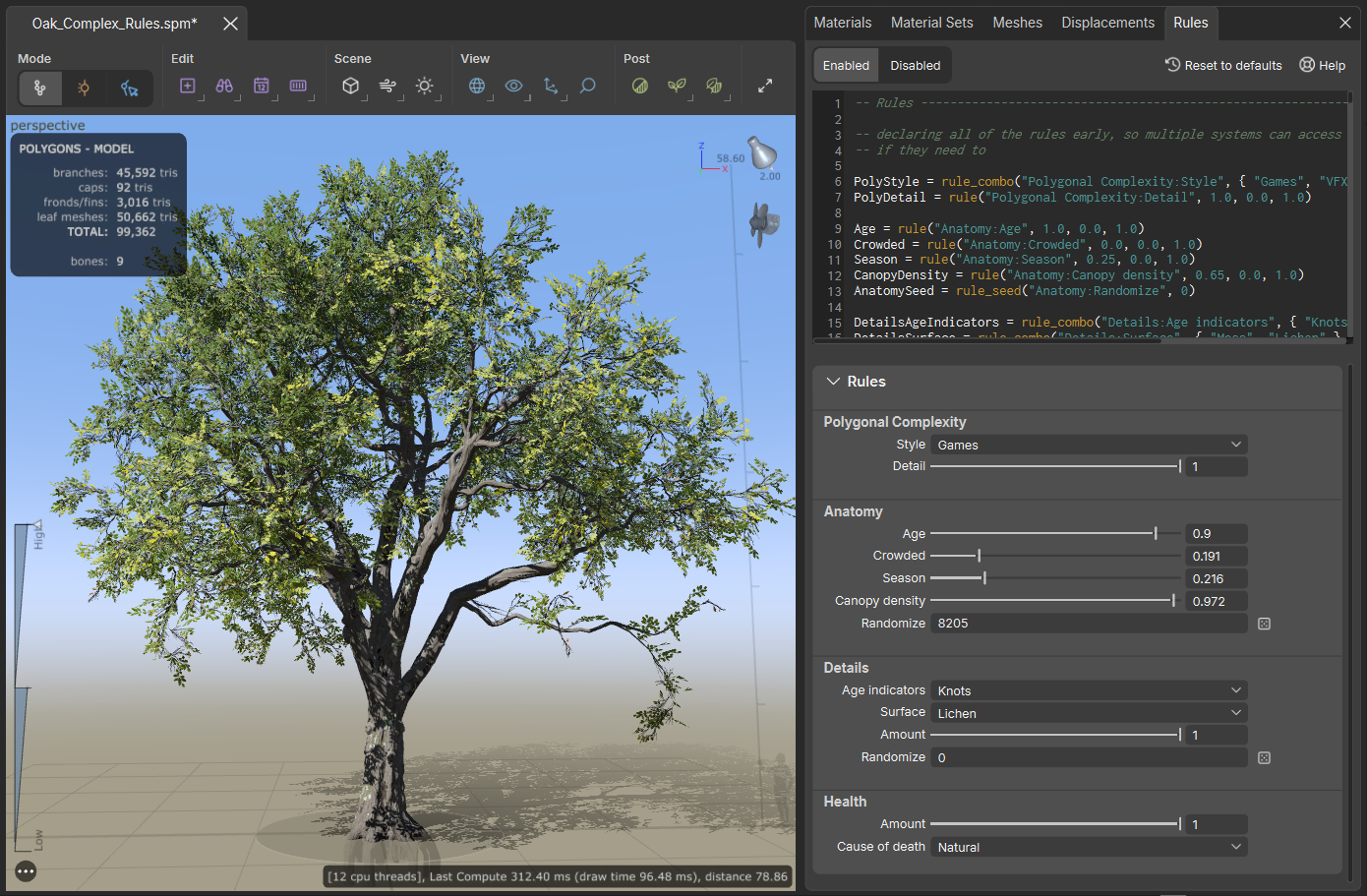 The SpeedTree Modeler interface showing a sample tree and Rules