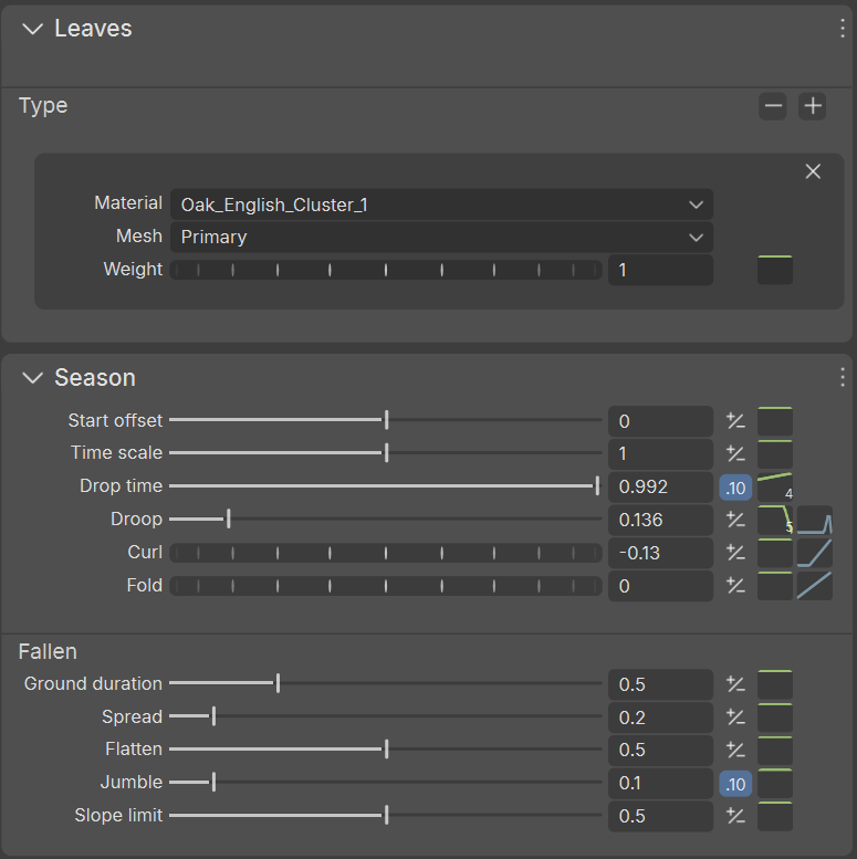 The Material assignment and Season properties for an example model in the Property Bar.