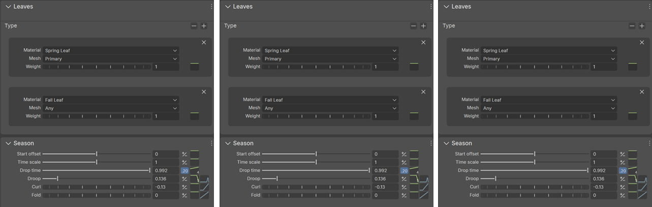 The materials and season properties for the leaf generator for each tree in a different season. There are no changes between the three properties and states.