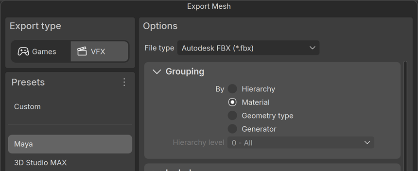 Partial view of the new Export Mesh window