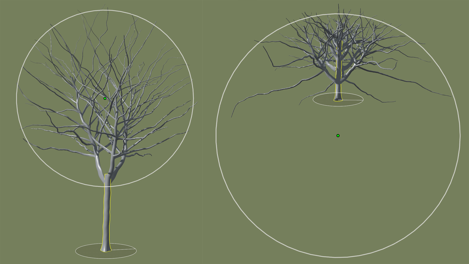 Two trees with shape control enabled. The first tree has a circle with a radius that encompasses the branches above the trunk. Its shape is more upward-reaching. The second tree has a circle with a radius that extends far below the trunk and branches of the tree. The result is a squished-looking tree with downward-reaching branches.