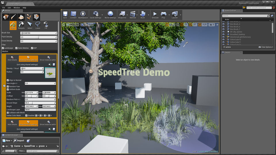 A SpeedTree placed in a UE (Legacy) scene. The foliage painting area is expanded to show that you can paint the tree like a static mesh.