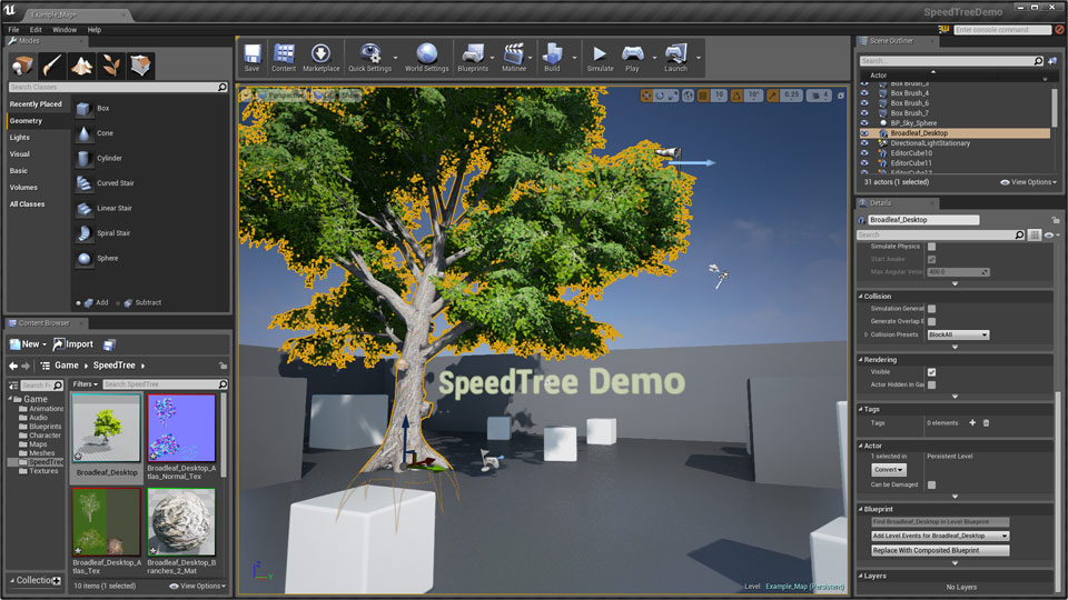 A SpeedTree placed in a UE (Legacy) scene.