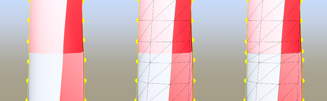 Three trunks, one without vertices and two with vertices. The third trunk shows tiles with additional vertices inside falling on a seam.