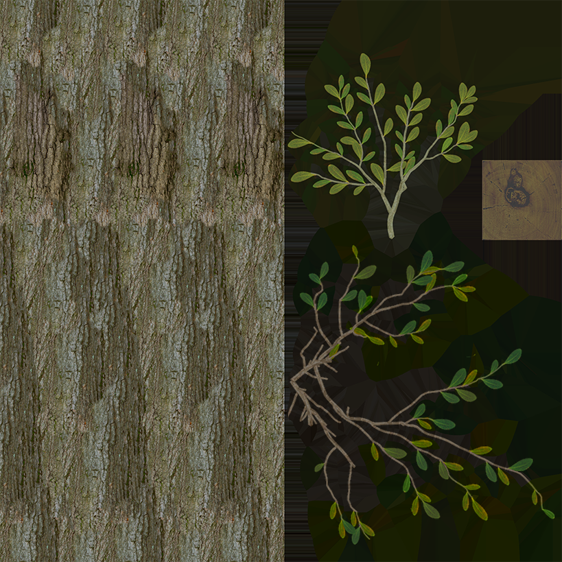 An atlas where a branch texture fills one side, with two branches with leaves beside it.