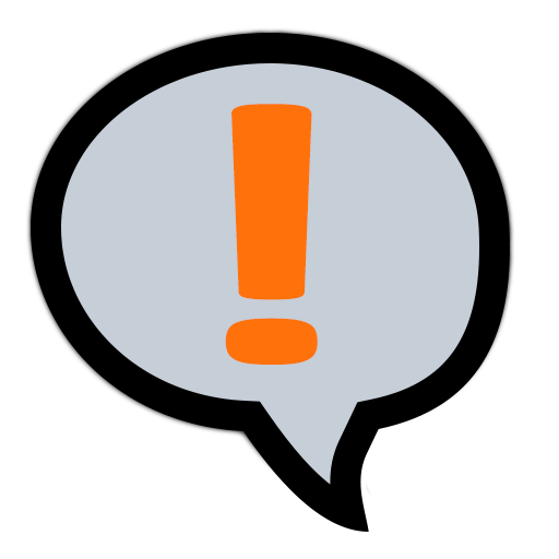 Gray speech bubble with orange exclamation point.