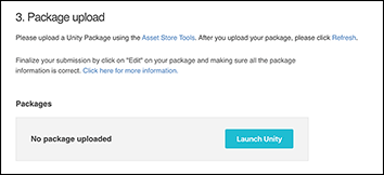 Before you upload Assets to your package draft, the Launch Unity button appears