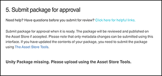 If you havent uploaded any Assets to your package yet, a message warns you to upload some
