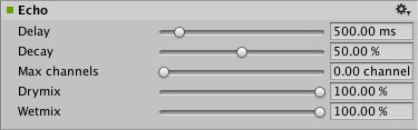 The AudioGroup Inspector displays the configurable properties of an Audio Echo Effect.