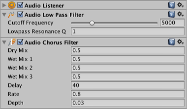 The Audio Inspector displays an Audio Listener component followed by the Audio Low Pass Filter and Audio Chorus Filter components that modify it.