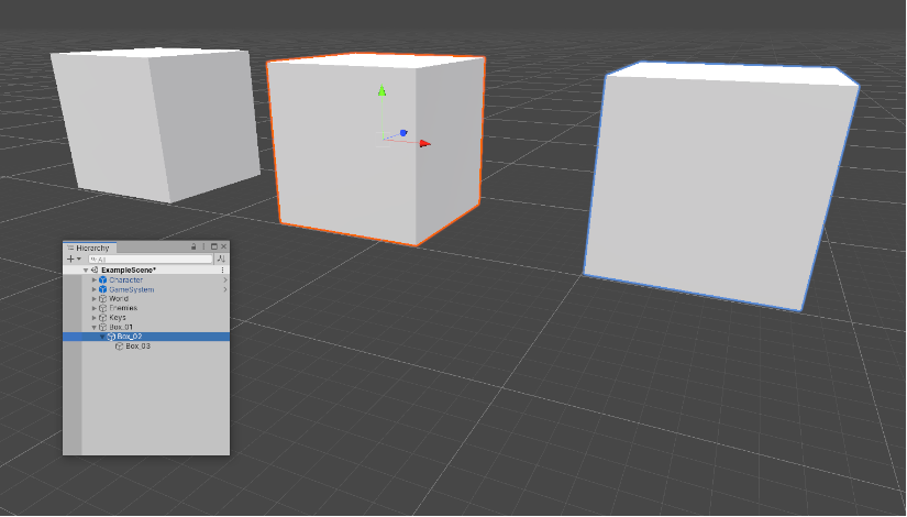 Selecting the middle box highlights it in orange, and highlights its child GameObject (the far right box) in blue, but does not highlight its parent GameObject (the far left box).