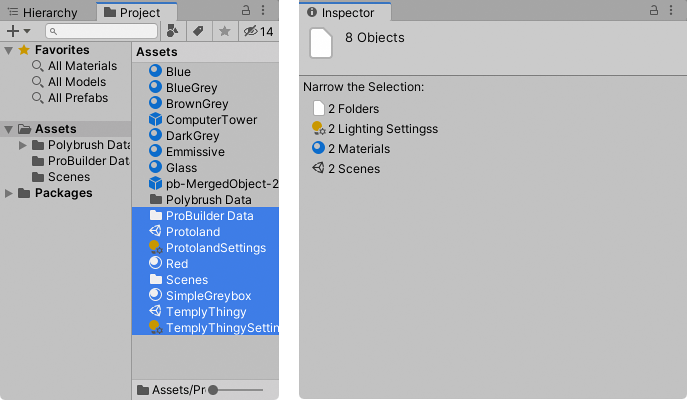 Inspector showing multiple selected Assets of different types