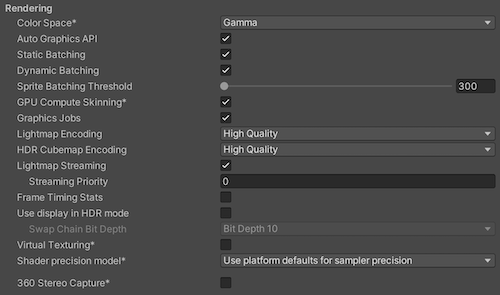 Other Rendering settings for the Universal Windows Platform player
