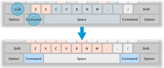 Activating modifier keys changes the key map to show how key combinations are assigned