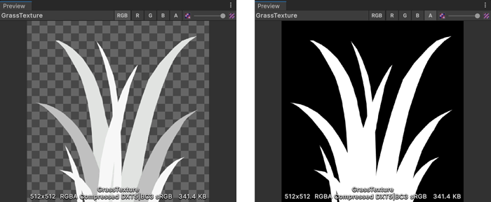 An imported texture. On the left, RGB is selected and the texture preview section displays all the texture channels. On the right, A is selected and the texture preview section displays the alpha channel only.
