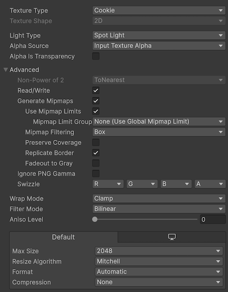 Settings for the Cookie Texture Type