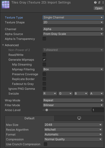 Settings for the Single Channel Texture Type