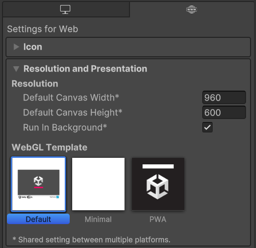 Resolution section for the WebGL Player platform