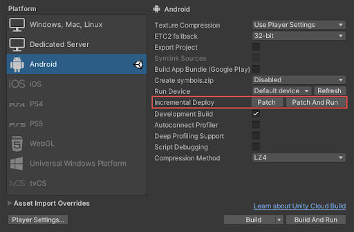 The Android Build Settings window.