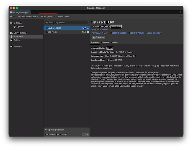 The Hats asset package in the Package Manager with the props label. This label has been selected in the Filters dropdown.