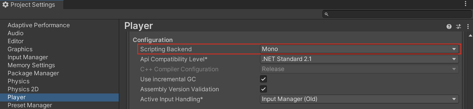 The Configuration section of the Player settings